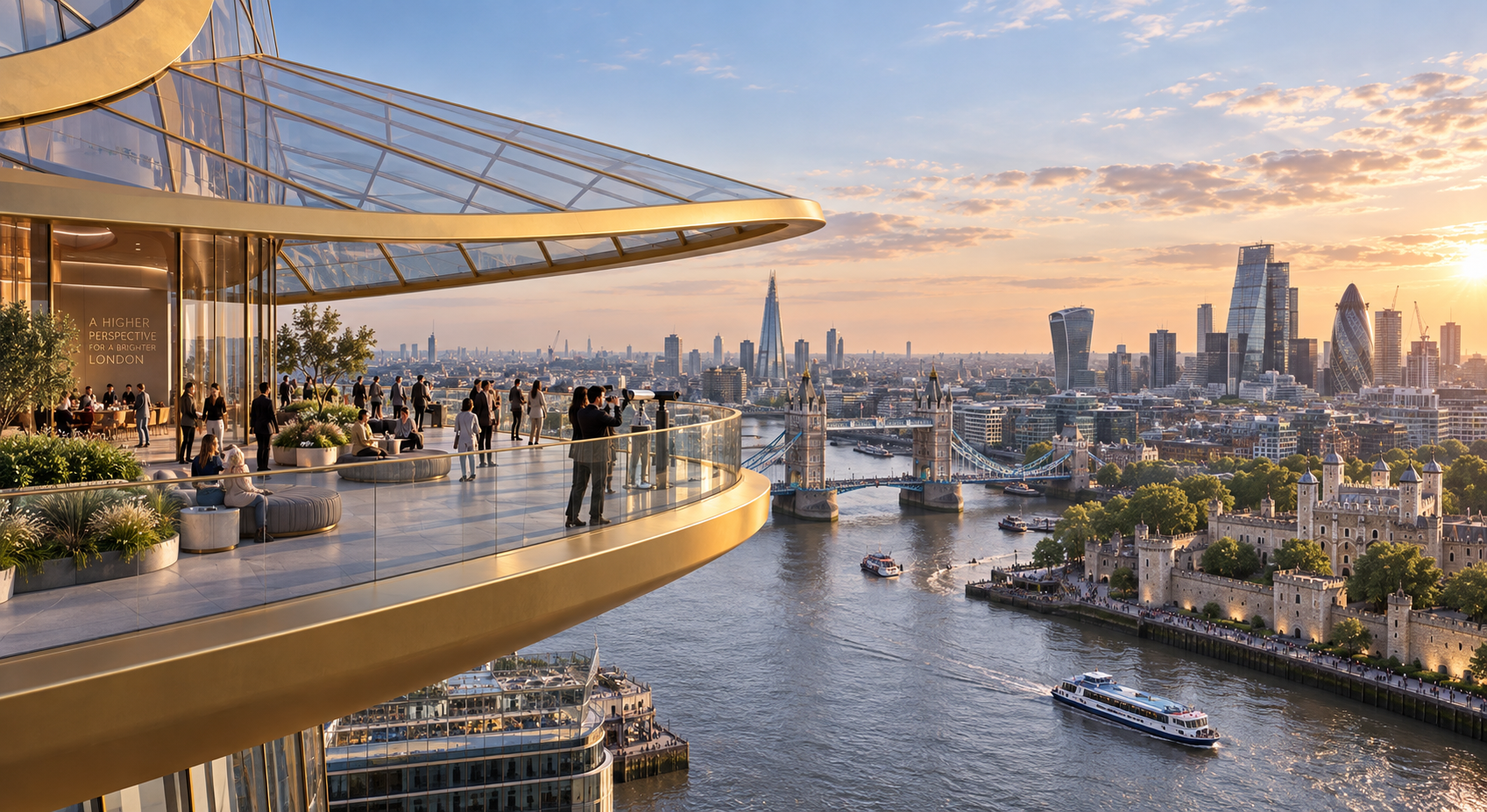 The golden sky terrace overlooking Tower Bridge and the Tower of London